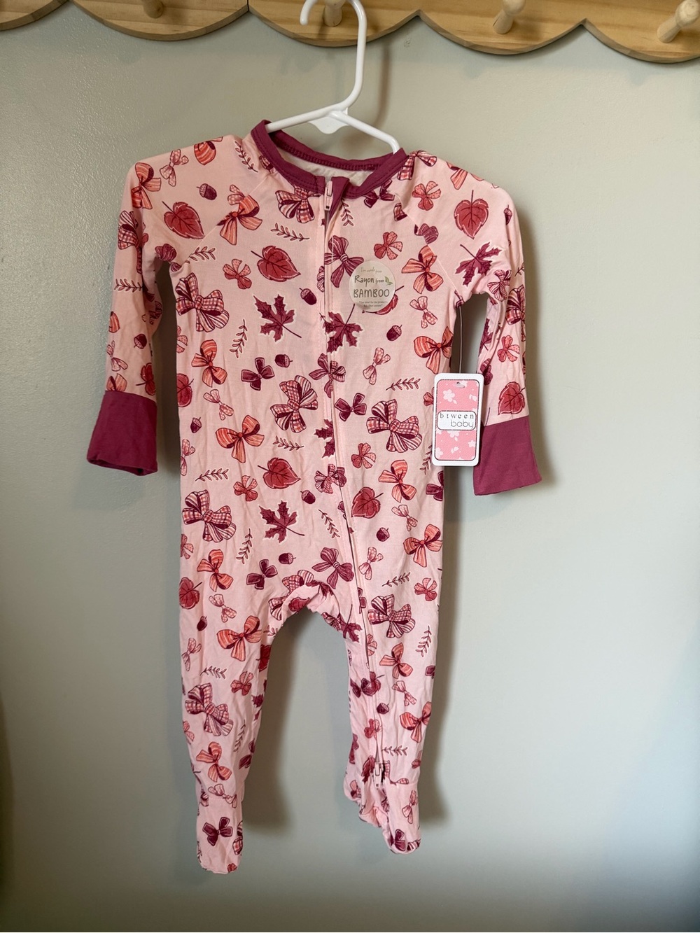 Btween Baby Girls 9M Pink Burgundy Bow Bamboo Rayon Zip Sleeper One-Piece NWT